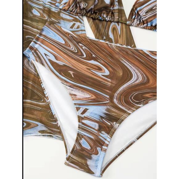 Blue Tan Marble Three-Piece High Waist Bikini Set Size 3XL - Picture 4 of 7